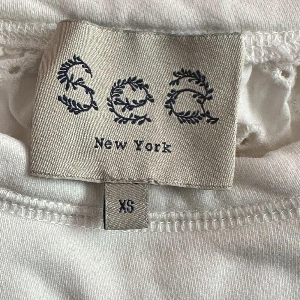 Sea New York XS Women's Crew Neck Eyelet Back Sweatshirt White Cotton